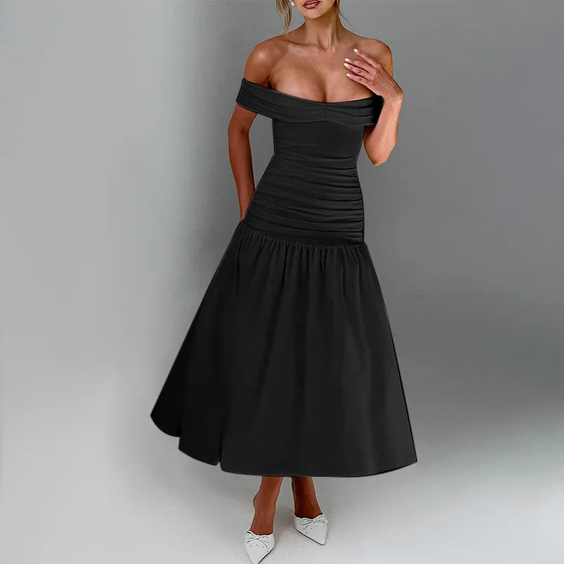 One Shoulder Ruched Maxi Dress - Black