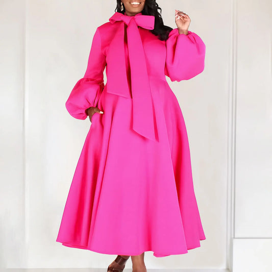 Elegant Bow Collar A Line Midi Dress - Pink