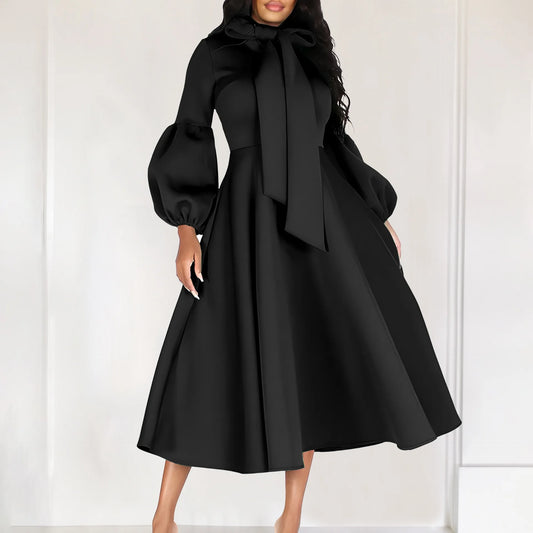 Elegant Bow Collar A Line Midi Dress - Black