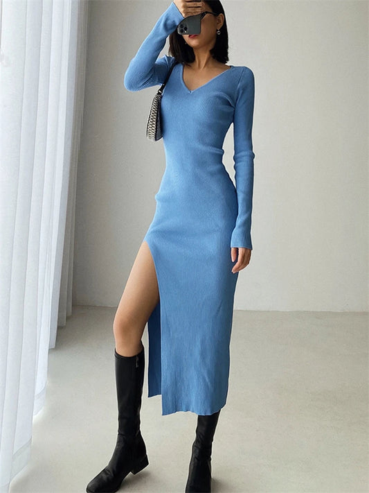 French Style V-Neck Sweater Midi Dress - Light Blue