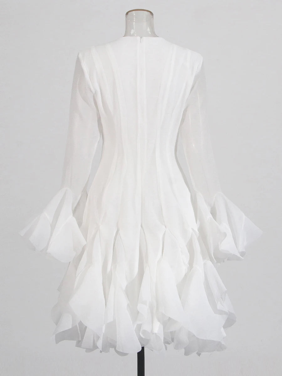 Elegant Pleated Patchwork Mini Dress - White