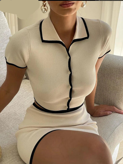 Ribbed Polo Neck 2-Piece Set Neck Top Mini Skirts