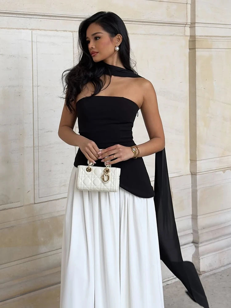 Elegant Slit Ribbon Maxi Dress - Black