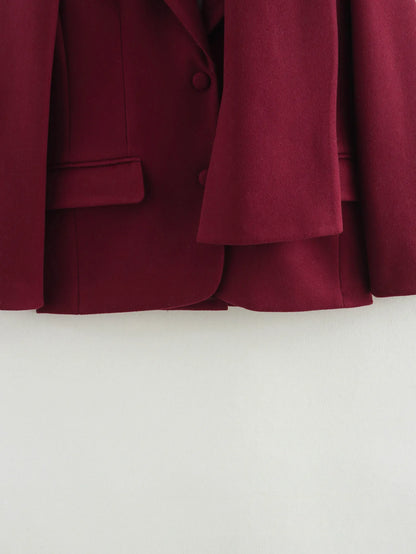 Woolen Blazer Jacket with Scarf - Red