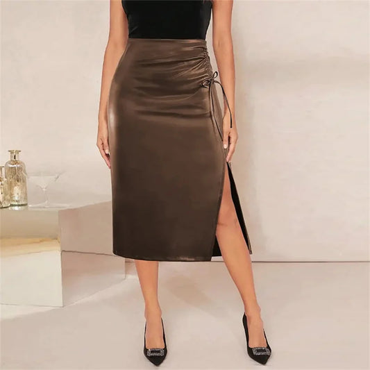 Modern Twist Mid Calf Midi Skirt - Coffee