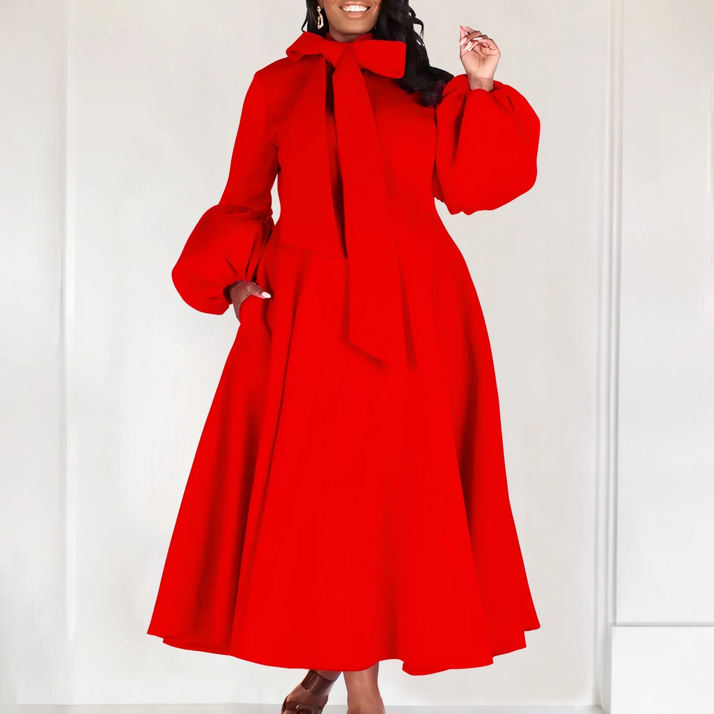 Elegant Bow Collar A Line Midi Dress - Red