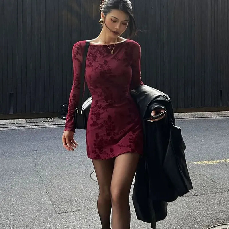 Wine Red Long Sleeve Mini Dress