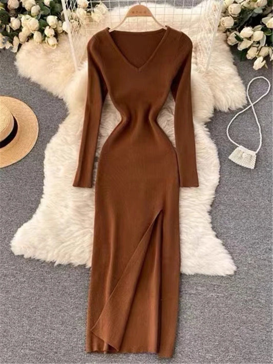 French Style V-Neck Sweater Midi Dress - Dark Brown