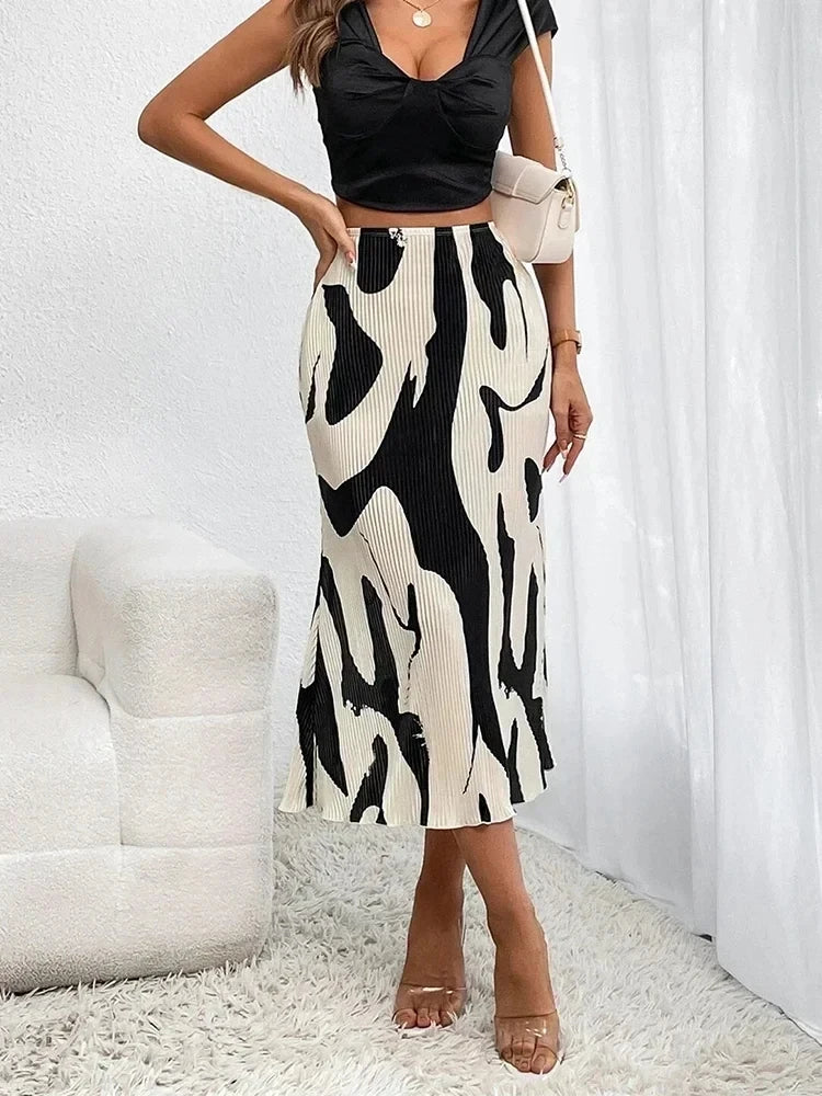 Graphic Print Pleated Midi Skirt