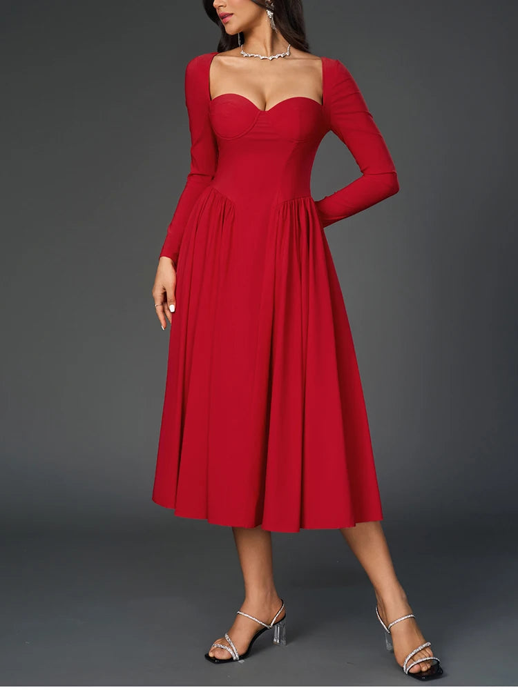Elegant Backless Corset Midi Dress - Red