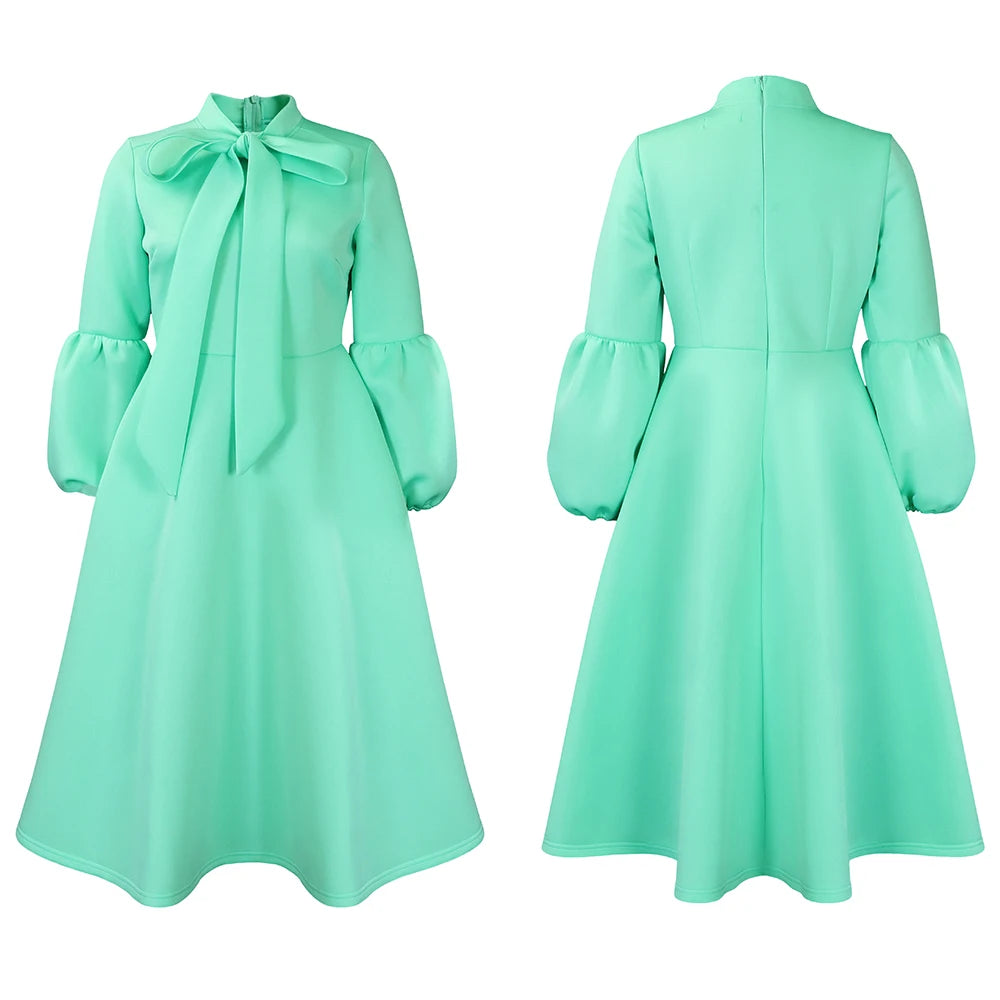 Elegant Bow Collar A Line Midi Dress - Light Blue