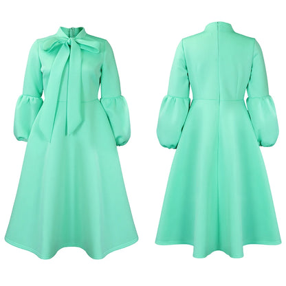 Elegant Bow Collar A Line Midi Dress - Light Blue