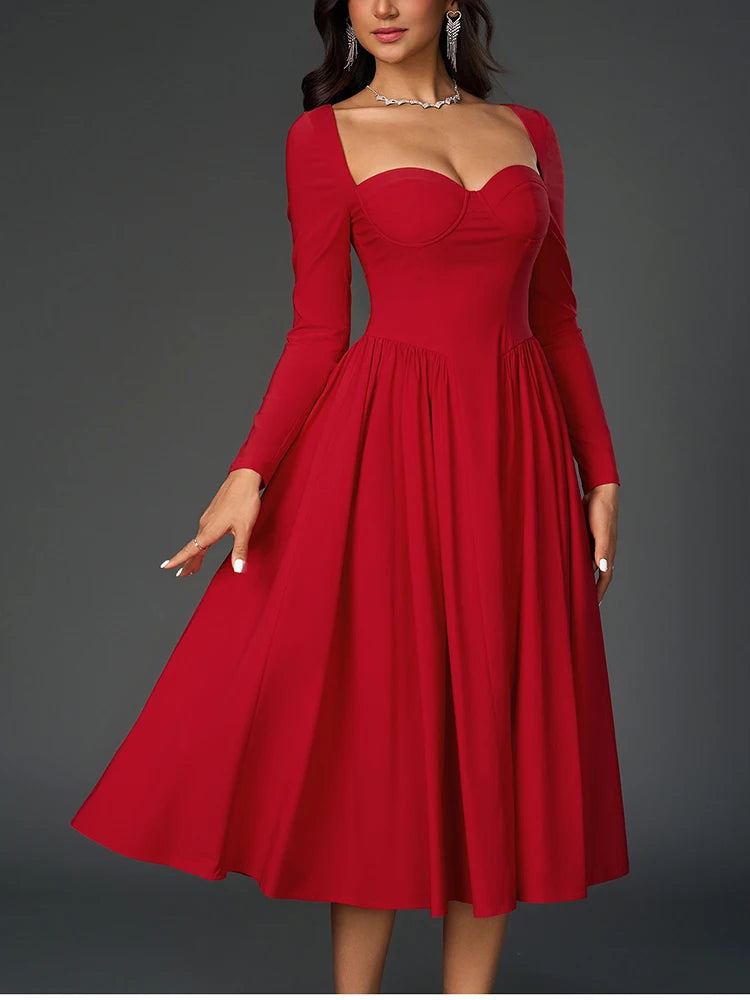 Elegant Backless Corset Midi Dress - Red