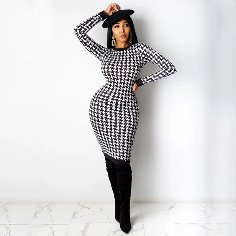Houndstooth Print Midi Dress