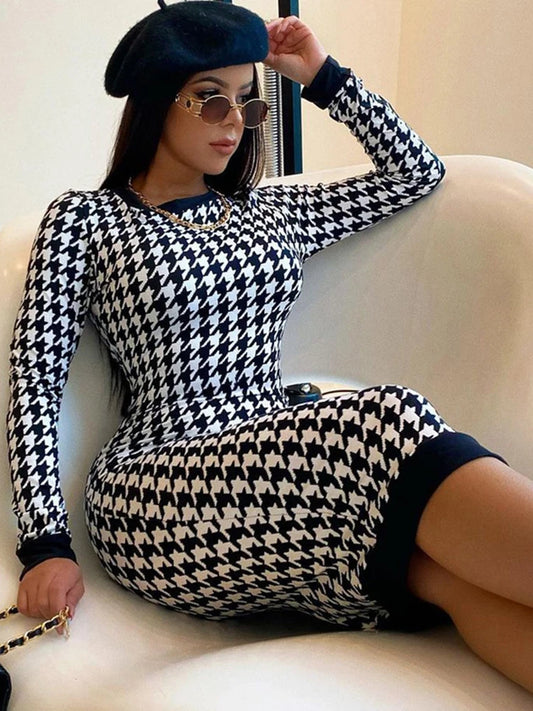 Houndstooth Print Midi Dress