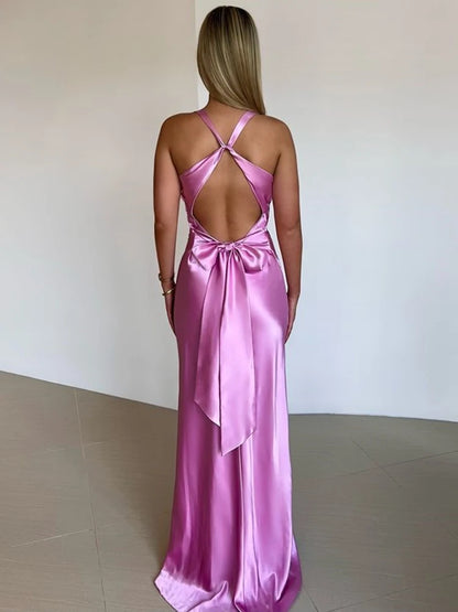 Satin Bow Backless Maxi Dress