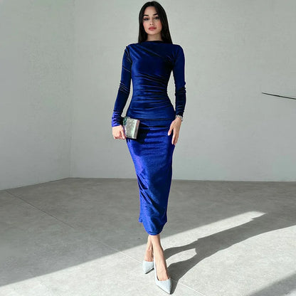 Velvet Long Sleeve Midi Dress - Blue