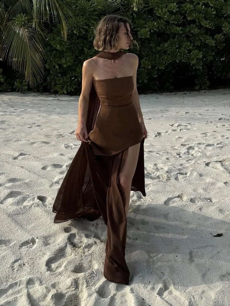 Seraphic Elegance Ribbon Mesh Maxi Dress