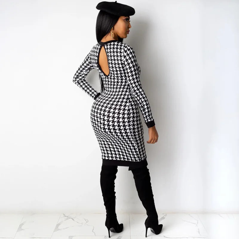 Houndstooth Print Midi Dress