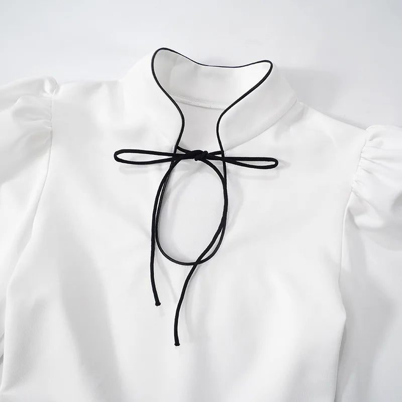 Retro Charm Stand Collar Mini Dress - White