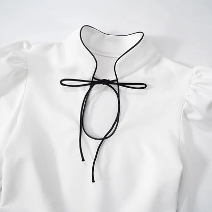 Retro Charm Stand Collar Mini Dress - White