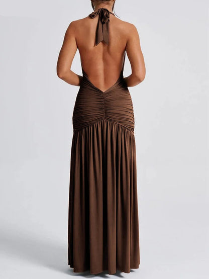 Deep V Neck Ruffled Maxi Dress - Brown