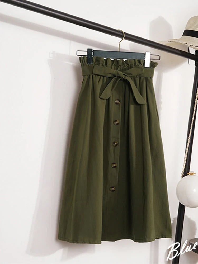 Summer Autumn High Waist Pleated Midi Skirt