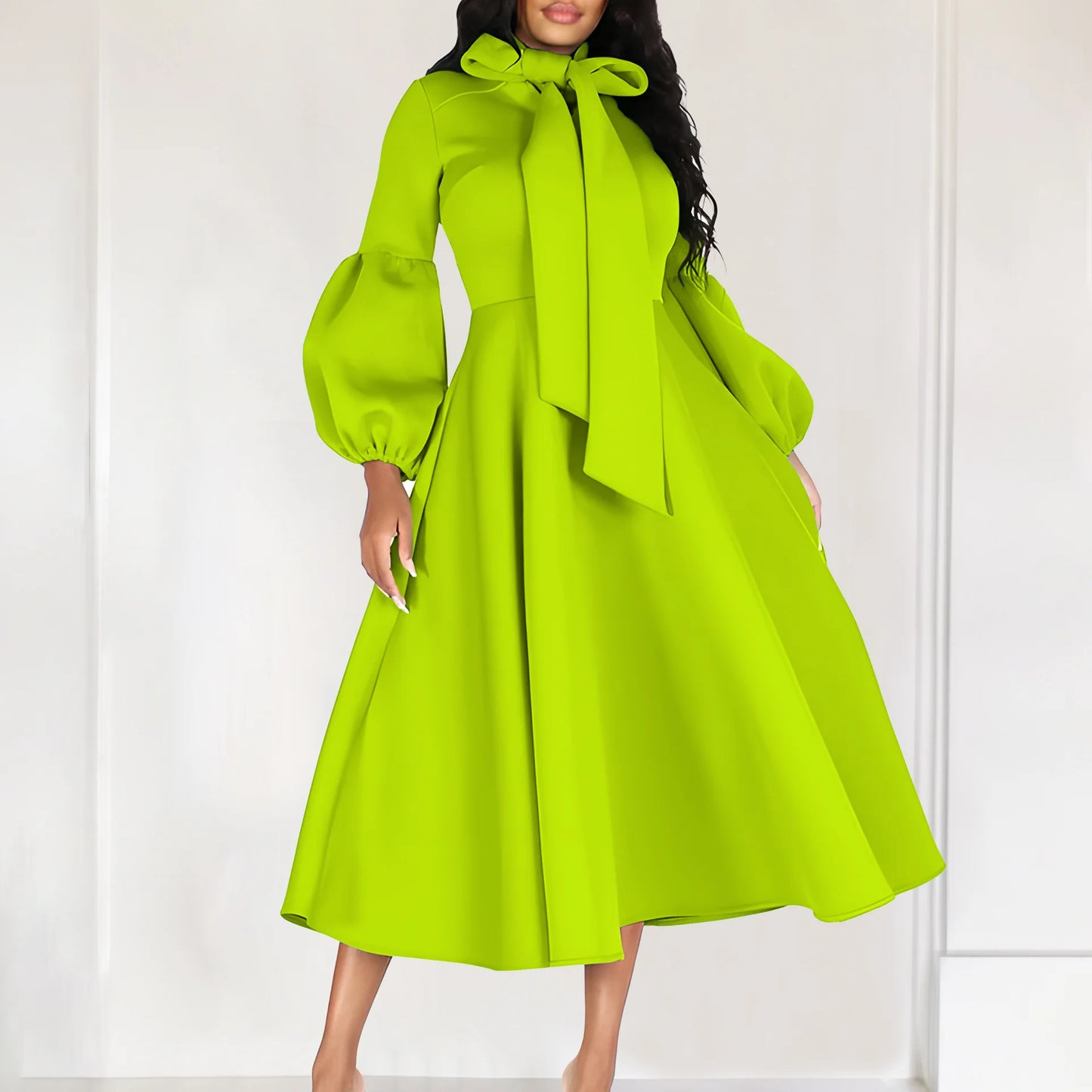 Elegant Bow Collar A Line Midi Dress - Green