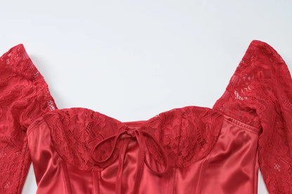 Slim Lace Long Sleeve Maxi Dress - Red