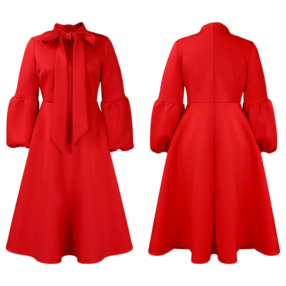 Elegant Bow Collar A Line Midi Dress - Red