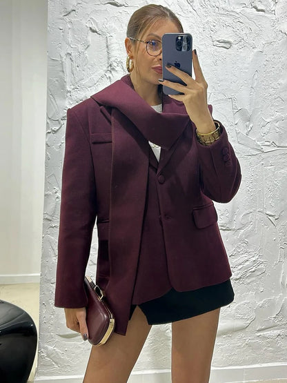 Woolen Blazer Jacket with Scarf - Red