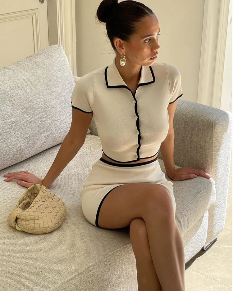 Ribbed Polo Neck 2-Piece Set Neck Top Mini Skirts