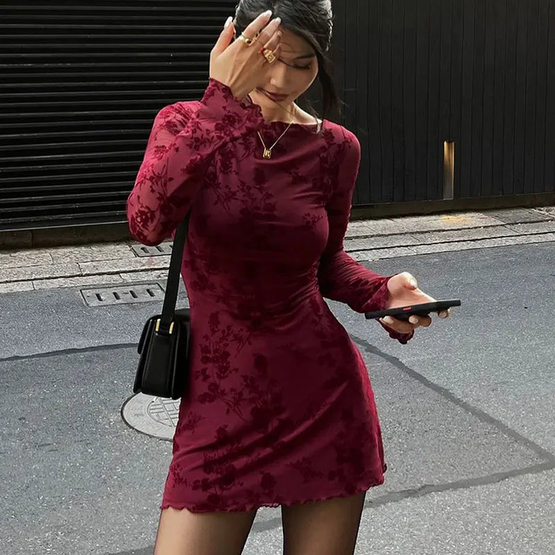 Wine Red Long Sleeve Mini Dress