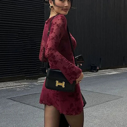 Wine Red Long Sleeve Mini Dress