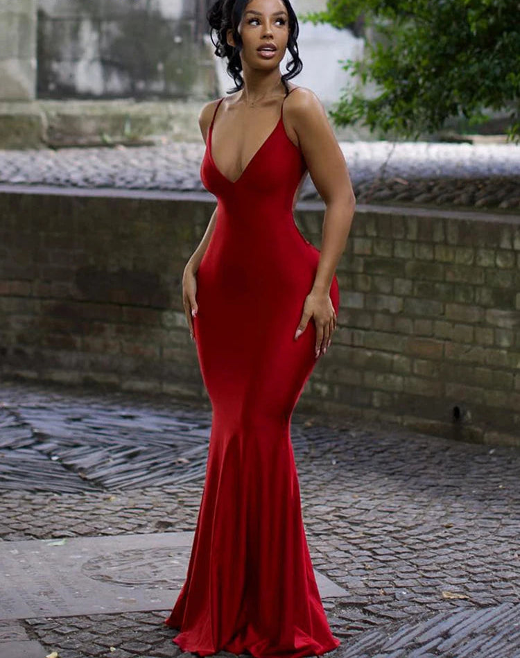 Elegant  Backless Mermaid Maxi Dress - Red
