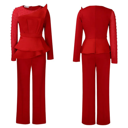 Elegant Beaded Sleeve Jumpsuit - Red