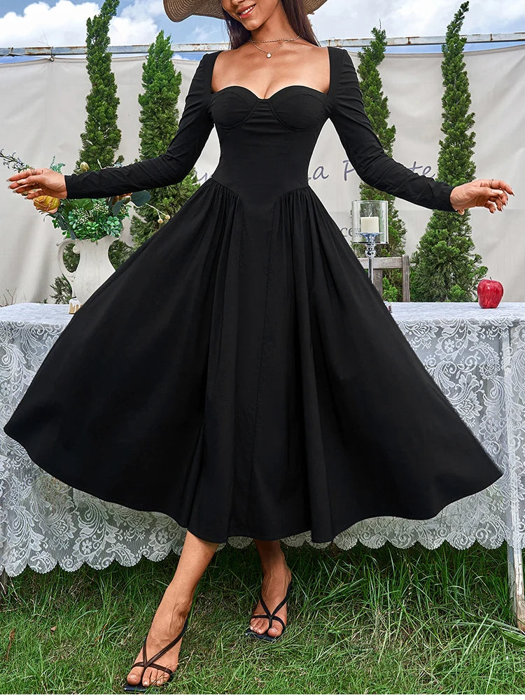 Elegant Backless Corset Midi Dress - Black