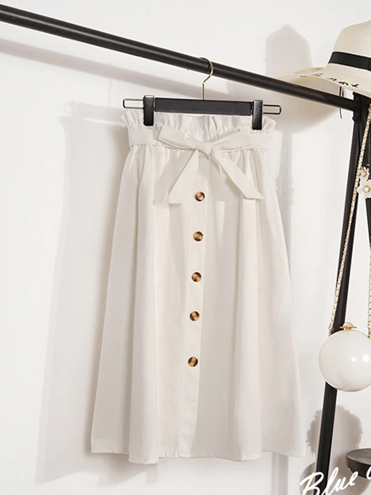 Summer Autumn High Waist Pleated Midi Skirt