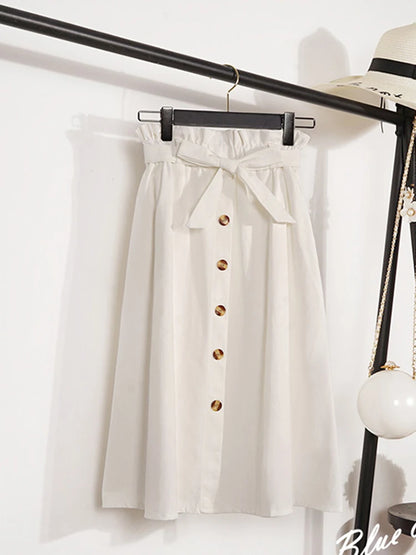 Summer Autumn High Waist Pleated Midi Skirt