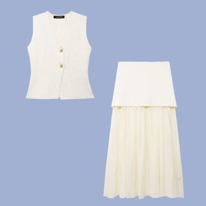 Knitted Vest & High-Waist Skirt Set - Beige Suit