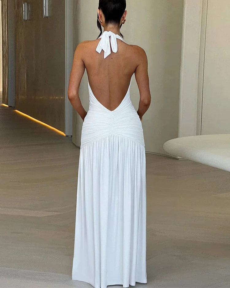 Deep V Neck Ruffled Maxi Dress - White