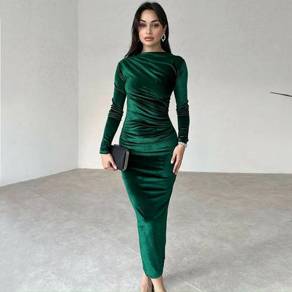 Velvet Long Sleeve Midi Dress - Green