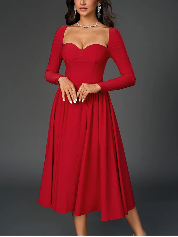 Elegant Backless Corset Midi Dress - Red