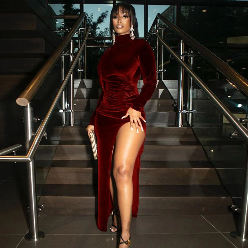 Velvet Long Sleeve Velvet Midi Dress