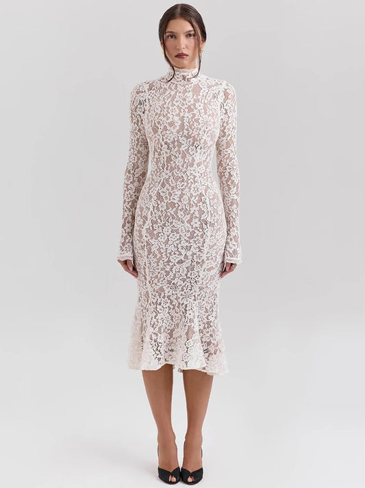 White Lace Bodycon Midi Dress