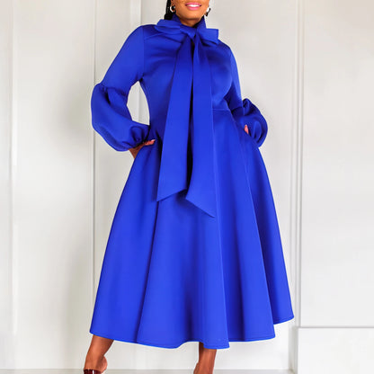 Elegant Bow Collar A Line Midi Dress - Blue