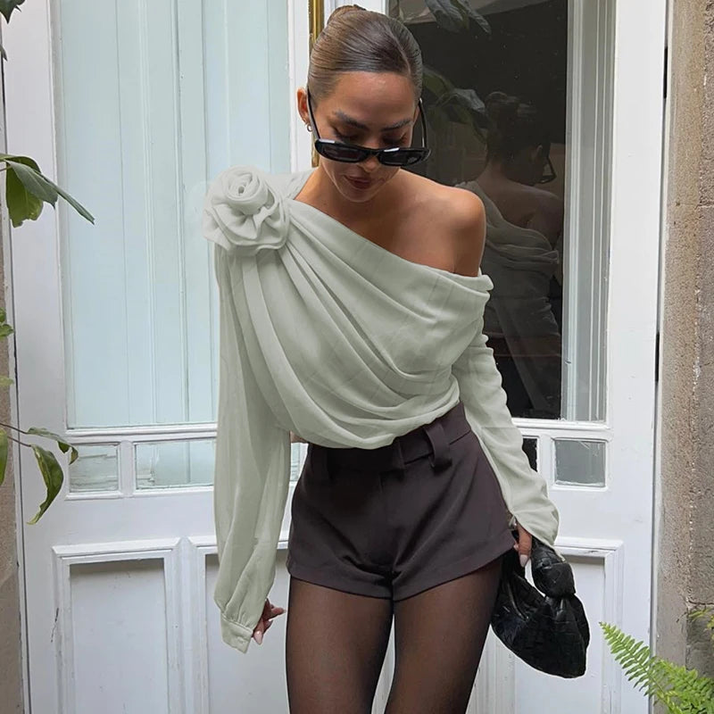 Off Shoulder Flower Appliqué Crop Top