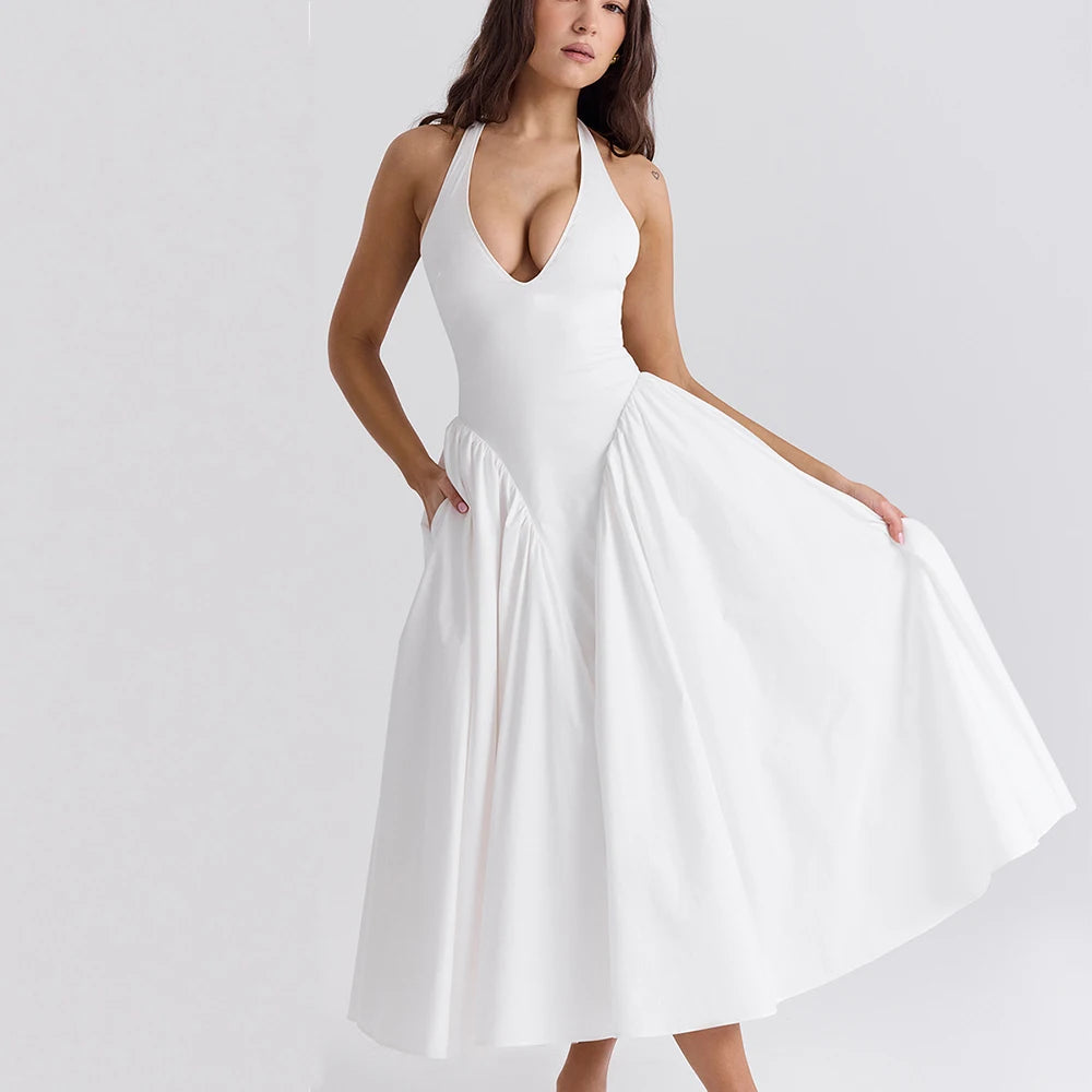 Elegant Halter Backless Midi Dress