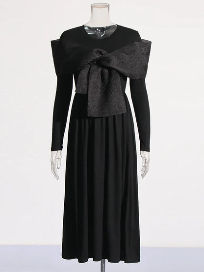 Elegant Bowknot Patchwork Maxi Dress - Black