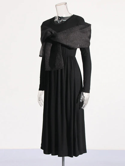 Elegant Bowknot Patchwork Maxi Dress - Black